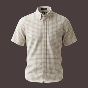 Croft & Barrow Men's Short Sleeve Dress Shirt Tan Cream Check Plaid Size 16.5 L